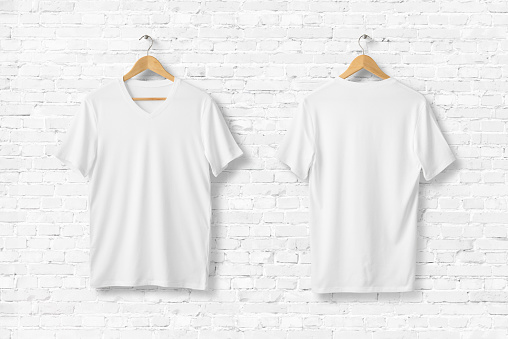 Download White Vneck Tshirts Mockup Hanging On White Brick Wall Front And Rear Side View Stock Photo ...