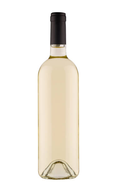 white wine bottle with black cap on white background stock photo