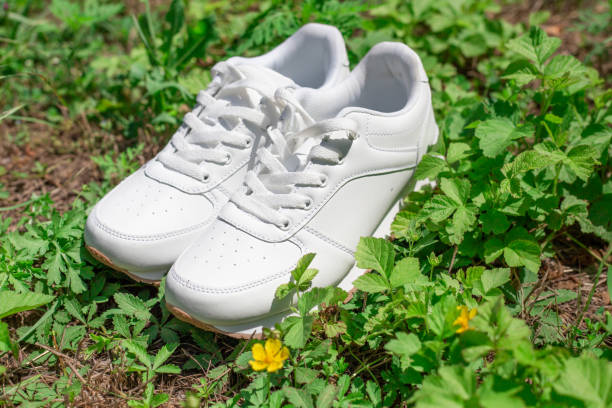 White women's sneakers stand on the green grass. Fashionable comfortable shoes for sports stock photo