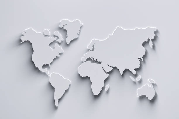 White world map World map 3d in white colors with shadows and glowing edges. 3d illustration. continent geographic area stock pictures, royalty-free photos & images