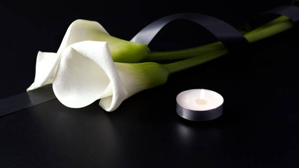 White Zantedesia with mourning ribbon and burning candles on a black background. Concept of sorrow and death White Zantedesia with mourning ribbon and burning candles on a black background. Concept of sorrow and death undertaker stock pictures, royalty-free photos & images