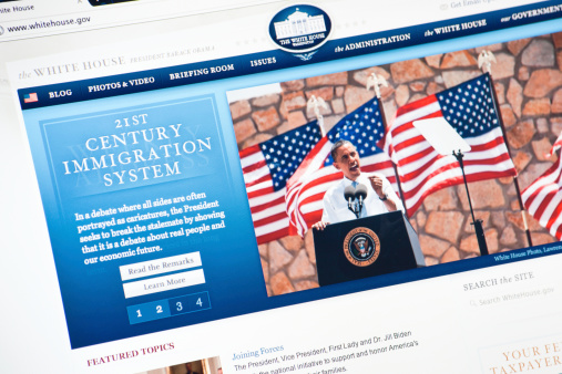 Rome, Italy - May 11, 2011: Close up of the official web site of the white house. In the home page a photograph of Obama during a public speech about immigration in Texas. The White House is the official residence and principal workplace of the President of the United States. The browser is google chrome.