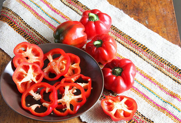 Whole Red Peppers with Pepper Rings stock photo
