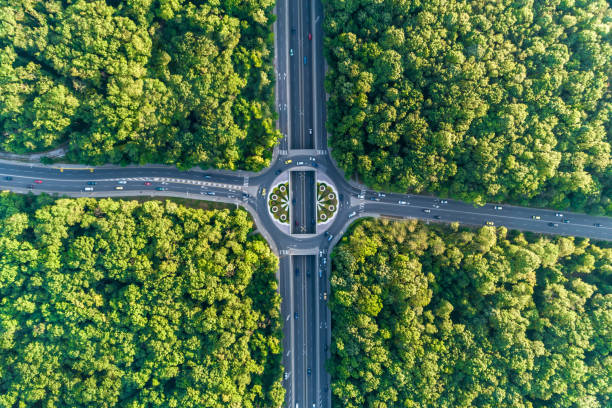 bred flygfoto ser ner på rondellen mitt i en vacker skog - european highway drone bildbanksfoton och bilder