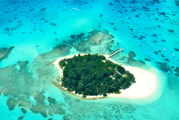 Wide aerial view of Managaha Island, a famous destination close to Saipan, Northern Mariana Islands. stock photo