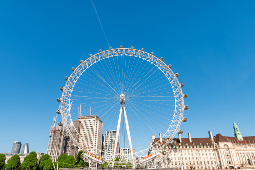 London, UK - June 22, 2018: Wide angle cityscape view on London Eye wheel on summer day with blue clear sky and capsules on Cantilevered structure