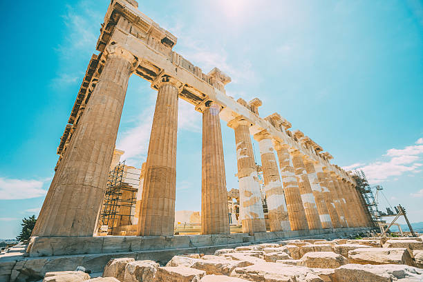 Wide angle shot of ruins of Athena's temple of Parthenon stock photo