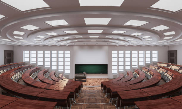 Wide Angle View of an Empty Auditorium 3D Rendering auditorium stock pictures, royalty-free photos & images