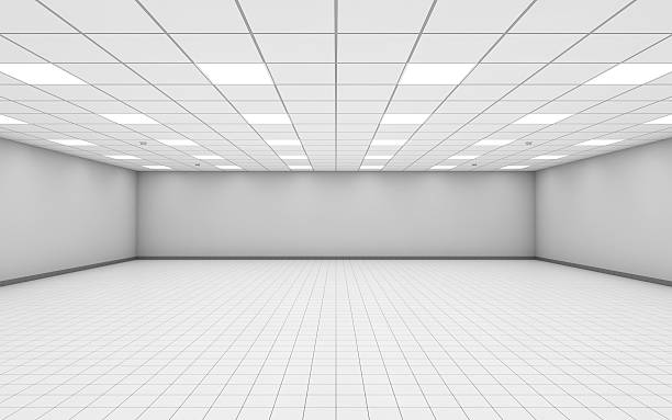 wide empty office room interior with white walls 3 d - tavan stok fotoğraflar ve resimler