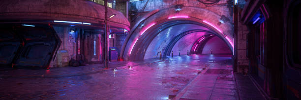 Wide panoramic 3D rendering of a dark moody futuristic cyberpunk city street. stock photo
