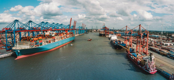 breiter panoramablick über cargo krancontainer terminal in hamburg - hamburge rhafen stock-fotos und bilder