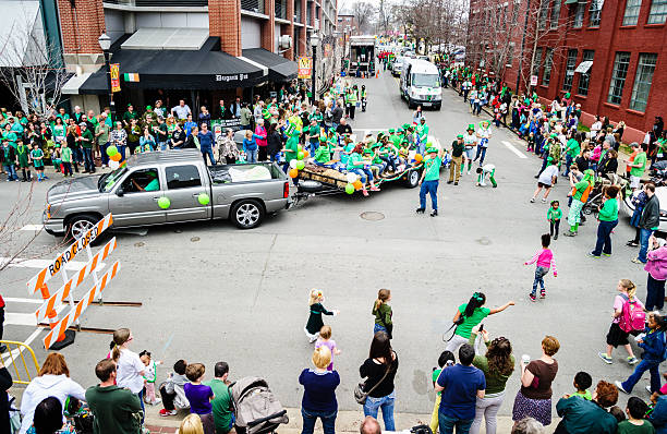 Wide shot of St. Patrick's Day parade. stock photo