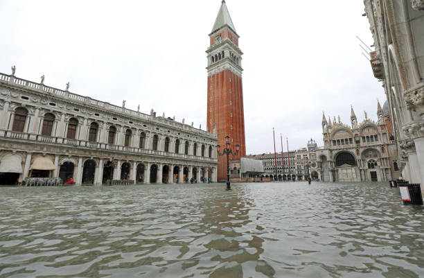 Wide view of Venice in Italy during the high tide stock photo