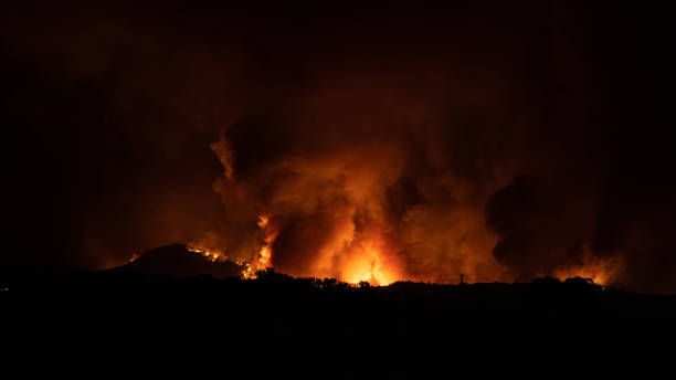 Wildfire During Night over the Hill stock photo