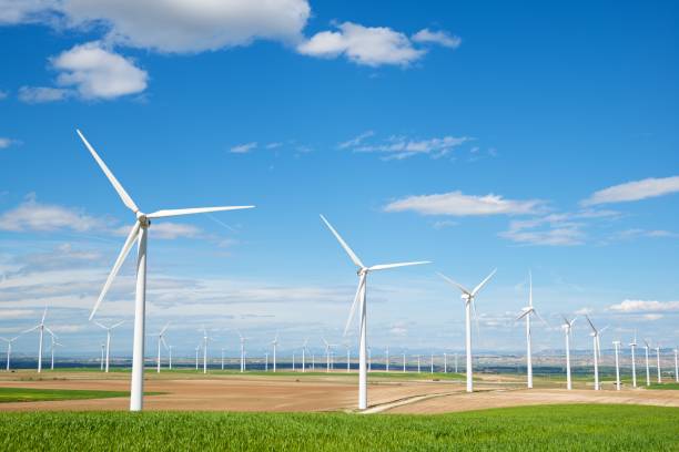 Wind energy Windmills for electric power production, Zaragoza Province, Aragon, Spain. wind power stock pictures, royalty-free photos & images