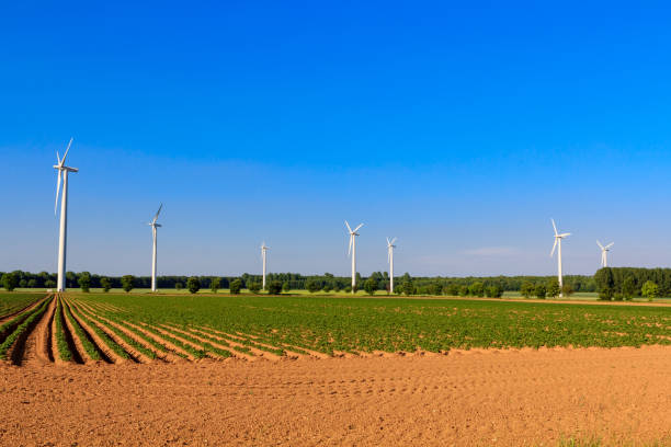 Wind power plant, energy revolution, renewable energy stock photo