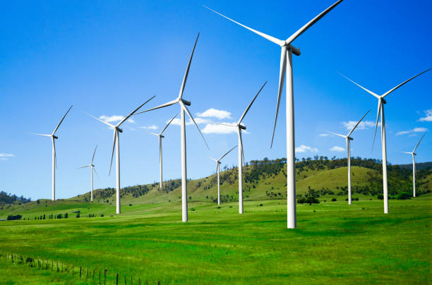 vindkrafts park i vackert natur landskap. - wind turbine sunset bildbanksfoton och bilder