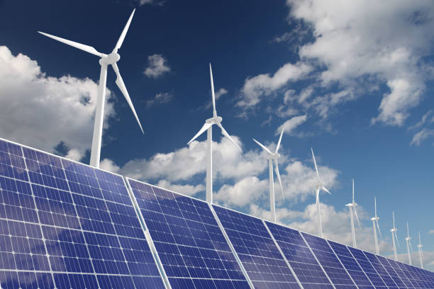 wind turbine solpanel förnybar energi - wind and solar energy bildbanksfoton och bilder