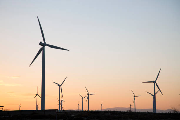 Wind Turbines at Dusk, Aragon stock photo