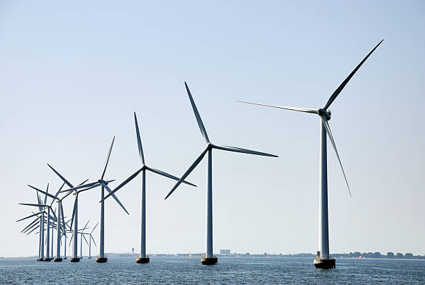 Wind turbines at sea outside Copenhagen, horizontal stock photo