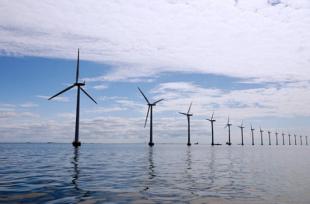 wind turbines at sea outside Copenhagen stock photo