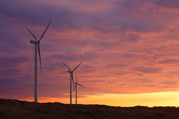 Wind turbines at sunstet stock photo