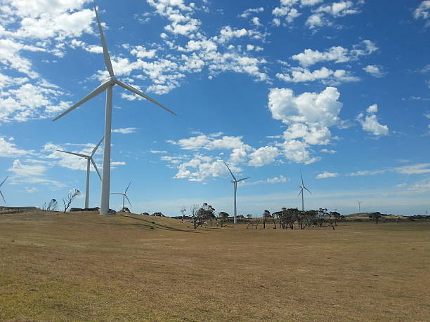 Wind Turbines, Cape Bridgewater, Victoria, Australia Wind Turbines at the Cape Bridgewater wind farm on a sunny day vertical axis wind turbine stock pictures, royalty-free photos & images