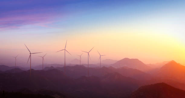vindkraftverk i fjällen - wind turbine sunset bildbanksfoton och bilder