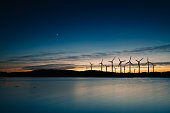 Windmills in the sunset. Wind turbines motion landscape at sunset with plane in background
