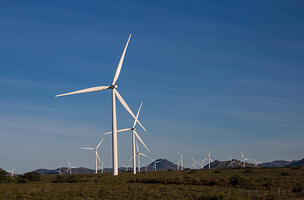 Wind turbines to generate power for South Africa Renewable energy generation by wind power at Jeffreys Bay in South Africa vertical axis wind turbine stock pictures, royalty-free photos & images