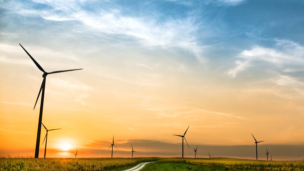 väderkvarn gård solnedgång landskap - wind turbine sunset bildbanksfoton och bilder