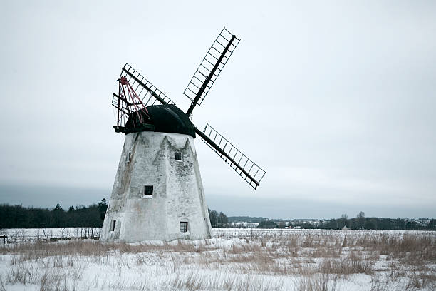 Windmill in Snow. stock photo