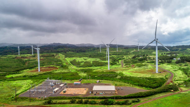 Windmills at wind farm in Kahuku, Oahu, Hawaii stock photo