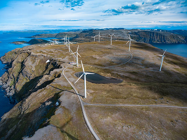 Windmills for electric power production stock photo