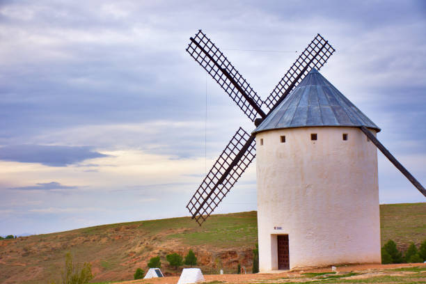 Windmills of La Mancha-Spain . Sunset on a cloudy day stock photo