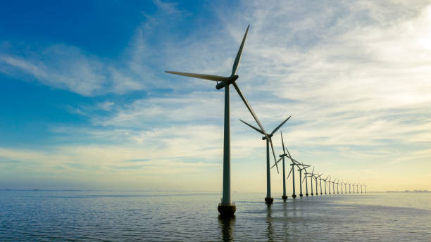 Windmills of shore stock photo
