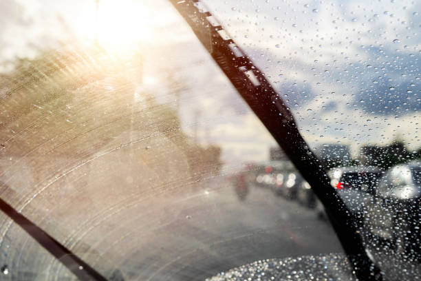 Windshield wipers from inside of car stock photo