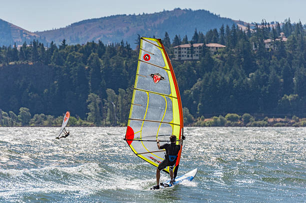 Windsurfer on Columbia River with Columbia Gorge Hotel Background stock photo