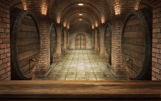 Wine barrels in wine-vaults. Mixed media. Interior of wine vault with wooden barrels. 3D rendering - 3D Illustration.