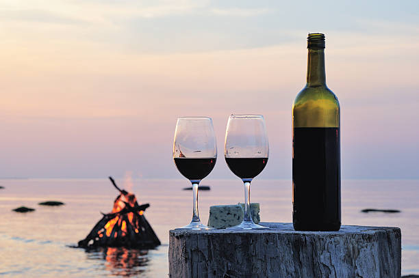 Wine bottle and wine glasses stock photo