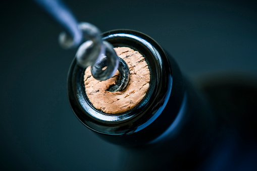 wine cork in bottle and corkscrew