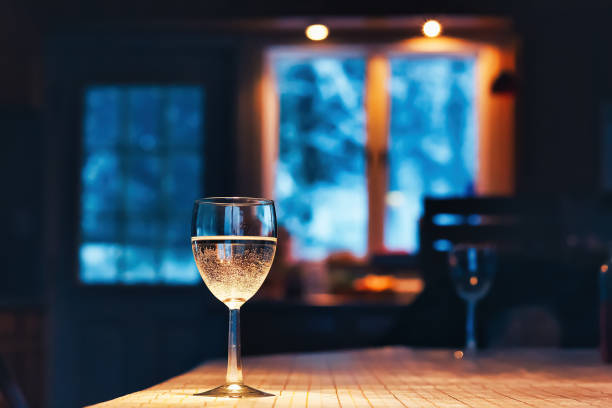 wine glass on the table - living room night nobody imagens e fotografias de stock
