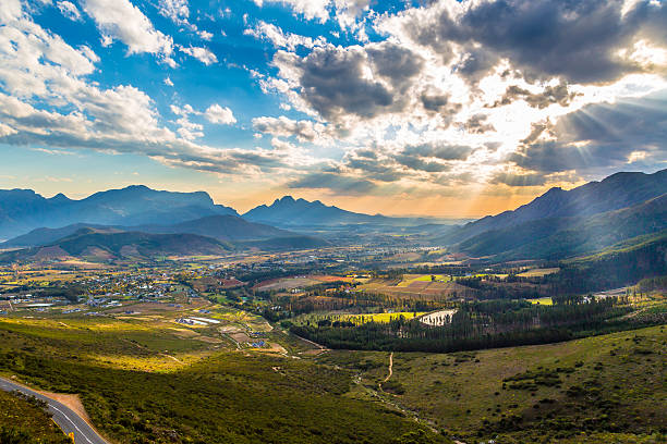 Winelands Scenic Franschhoek in the middle of the South African winelands with its beautiful vinyards south africa stock pictures, royalty-free photos & images