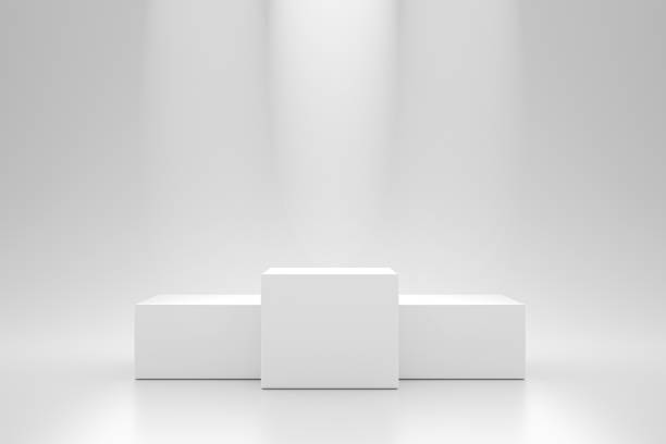 Winner podium and blank stand on pedestal background with spotlight product shelf. Blank studio podium for advertising. 3D rendering. Winner podium and blank stand on pedestal background with spotlight product shelf. Blank studio podium for advertising. 3D rendering. podium stock pictures, royalty-free photos & images