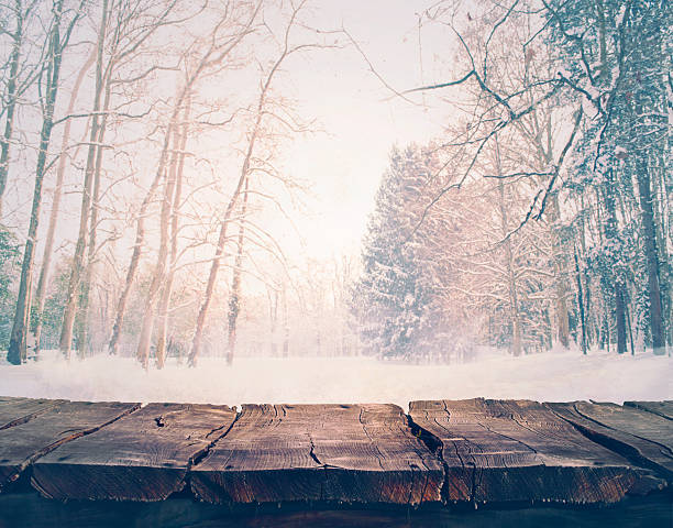 冬の背景 - wood table ストックフォトと画像