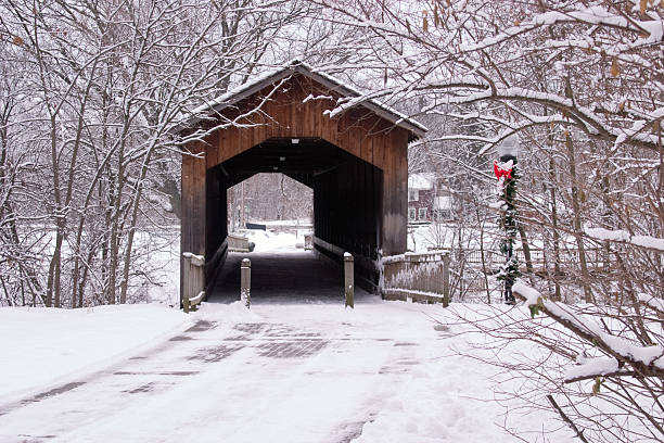 Winter Bridge at Holiday  covered bridge stock pictures, royalty-free photos & images