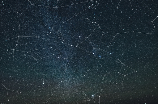 Winter constellations star chart.  Long exposure.