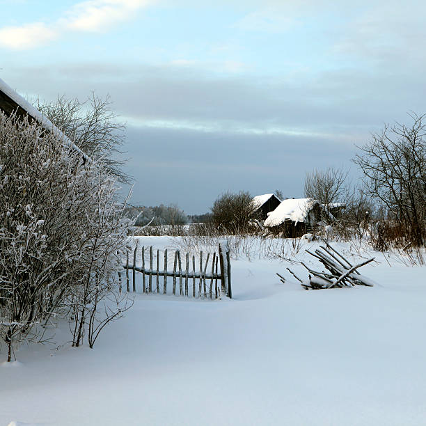 Winter in the russian village stock photo
