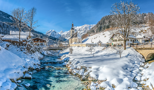 Winter Landscape In The Bavarian Alps With Church Ramsau Germany Stock Photo - Download Image Now - iStock