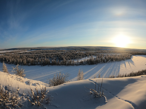 Winter landscape, snow covered Kolyma river, Kolyma, Yakutia, Russia